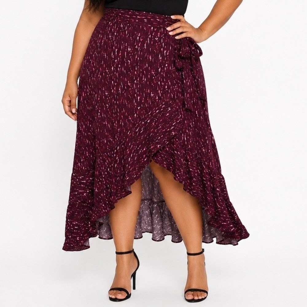 Skies Are Blue Curvy Wrap Skirt 1X Burgundy Pink Abstract Ruffle Midi NWT